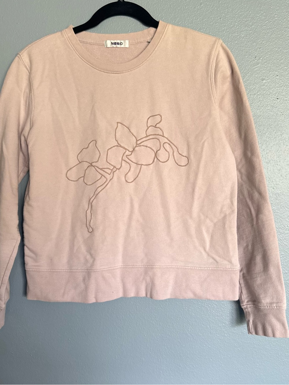Blush Pink Floral Embroidered Crewneck Sweatshirt Size Small